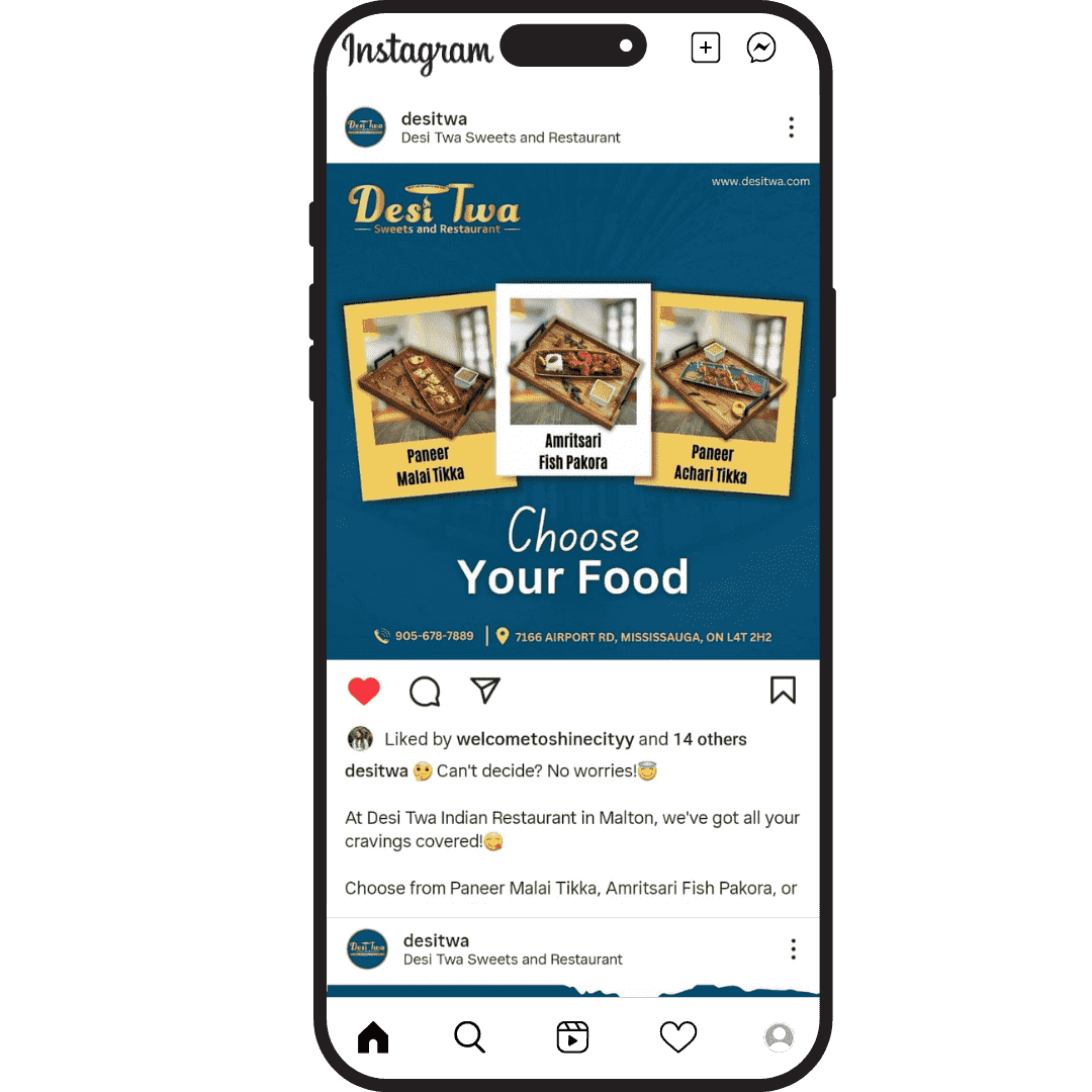 The Instagram feed of Desi Twa Indian restaurant which is located in Brampton City Ontario, Canada
