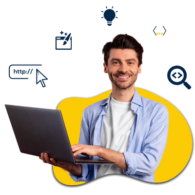 A young man with a sky blue shirt and a white T-shirt doing something on the laptop with a smiley face.