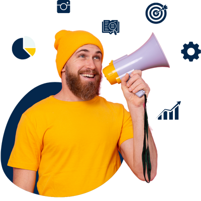 A young man announcing on loudspeaker with a smiley face about social media marketing services.