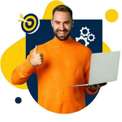 One young man stands with a smiley face takes the laptop in his hand and shows the thumbs-up to hire a digital marketing company in Brampton.