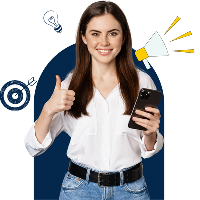 One young girl stands with a smiley face takes the mobile phone in his hand and shows the thumbs-up to hire a digital marketing company in Brampton.